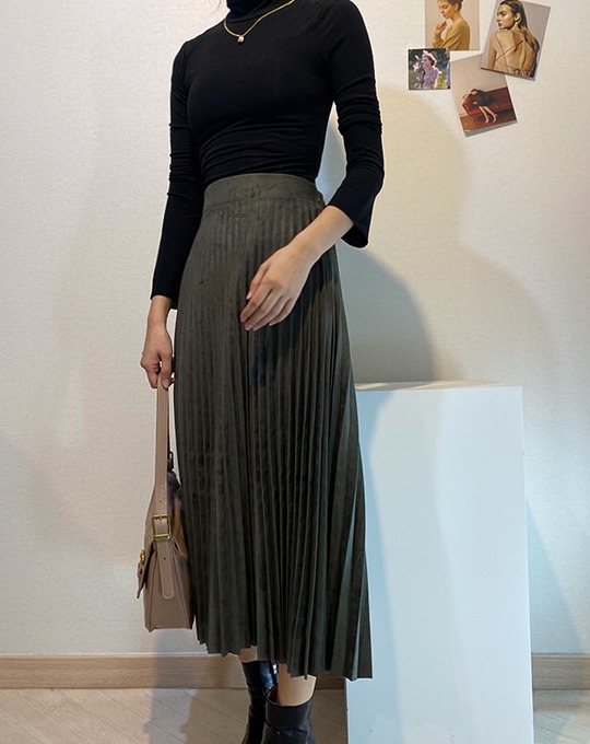 스웨이드 플리츠밴딩 롱스커트 - skirt